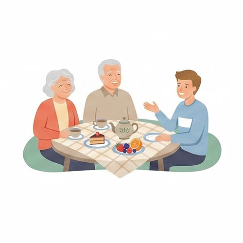 A flat-style illustration of an older couple and a younger man sitting together at a table sharing a meal with tea and cake.